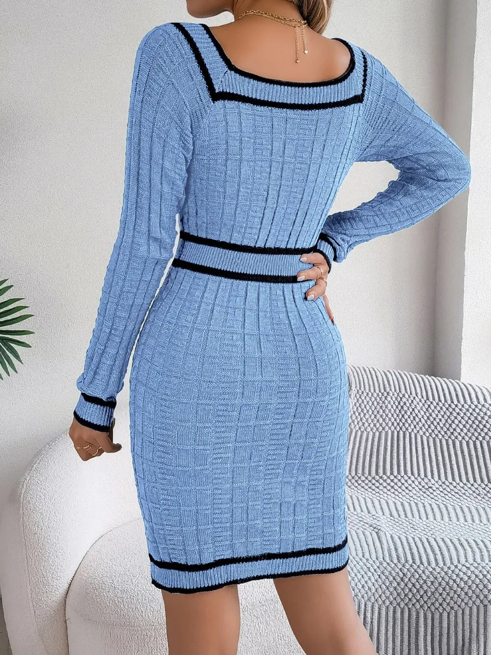 Contrast Trim Long Sleeve Sweater Dress - tif-shop24.de