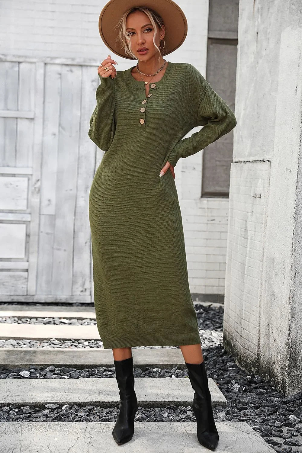 Decorative Button Notched Dropped Shoulder Sweater Dress - tif-shop24.de
