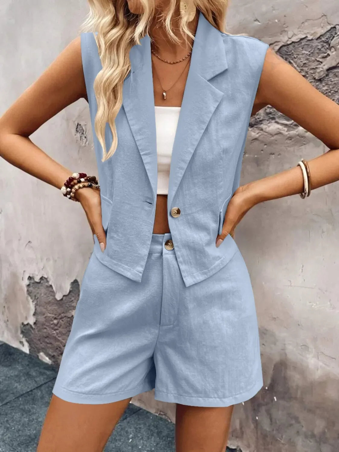 One Button Sleeveless Top and Shorts Set - tif-shop24.de