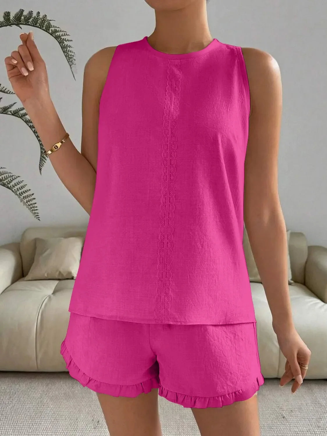 Lace Detail Round Neck Tank and Shorts Set - tif-shop24.de