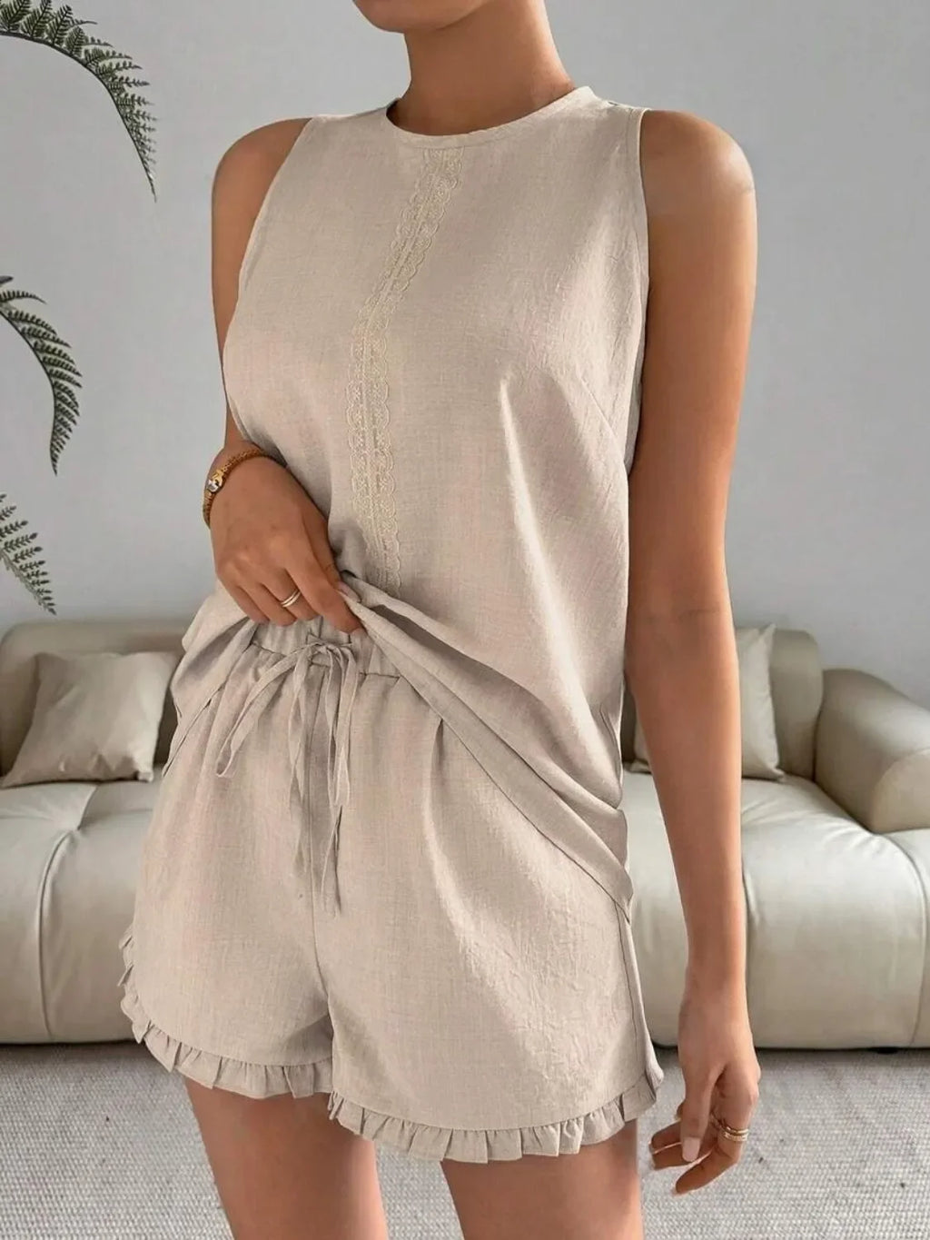 Lace Detail Round Neck Tank and Shorts Set - tif-shop24.de