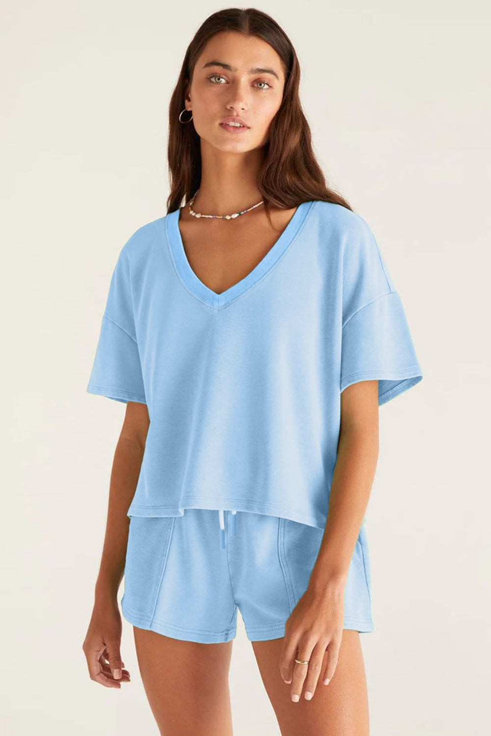 Myosotis V Neck Drop Shoulder Tee and Patchwork Shorts Set