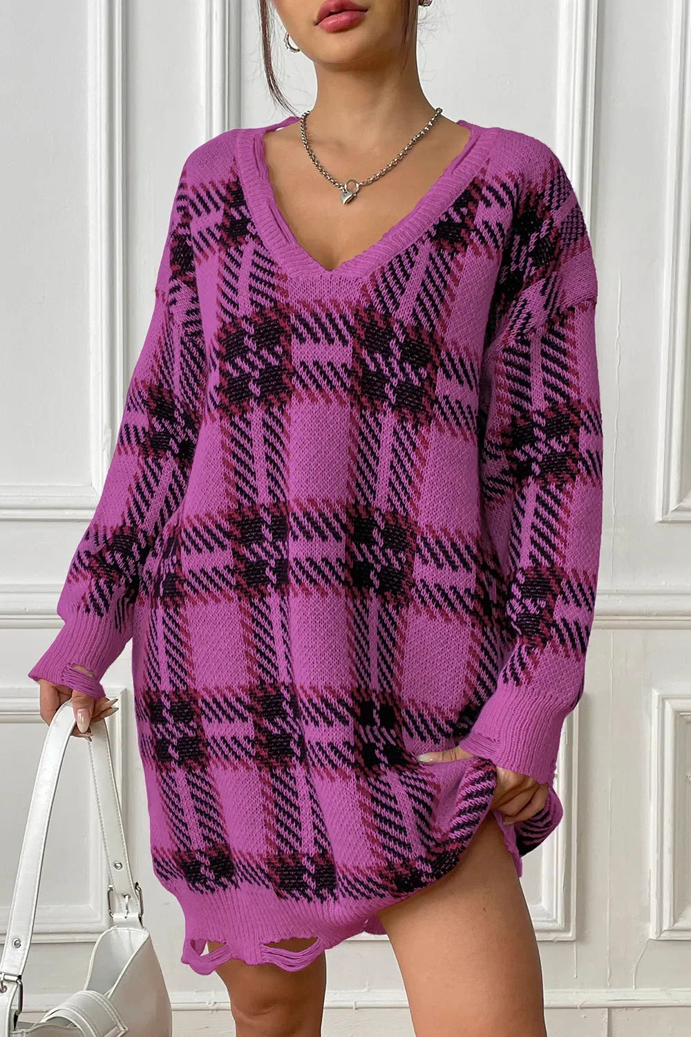 Plaid V-Neck Long Sleeve Sweater Dress - tif-shop24.de