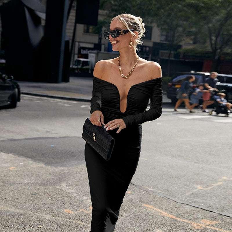 One shoulder U-shaped collar dress for women - tif-shop24.de