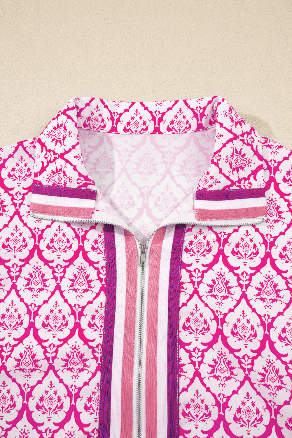 Pink Colorblock Striped Collar Bohemian Print Blouse