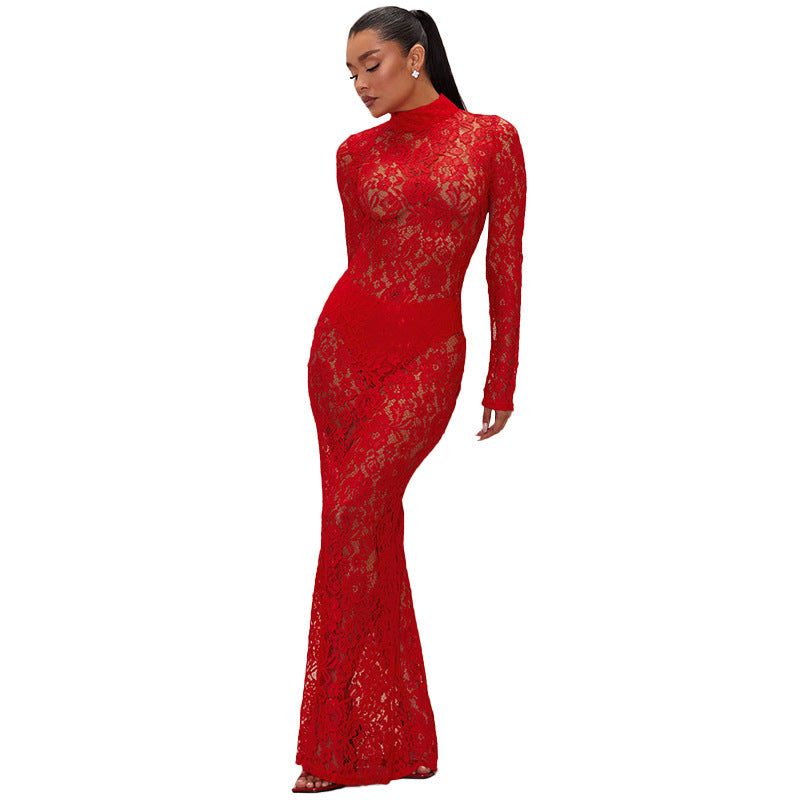 Mesh Lace High Neck Long Sleeve Women's Slim Fit Dress