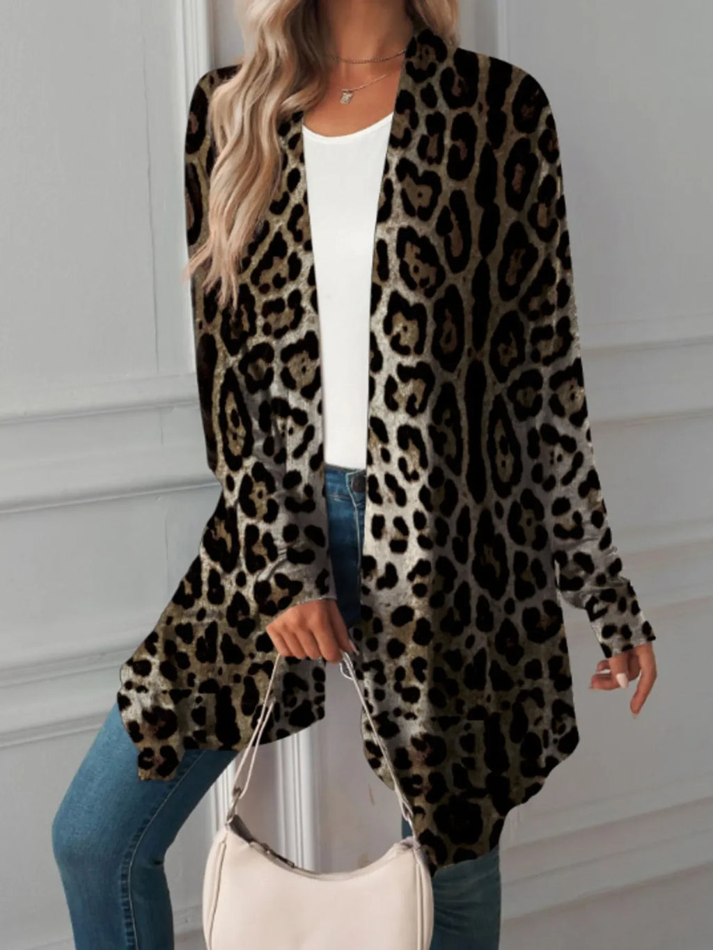 Leopard Print Long Open Front Cardigan - tif-shop24.de