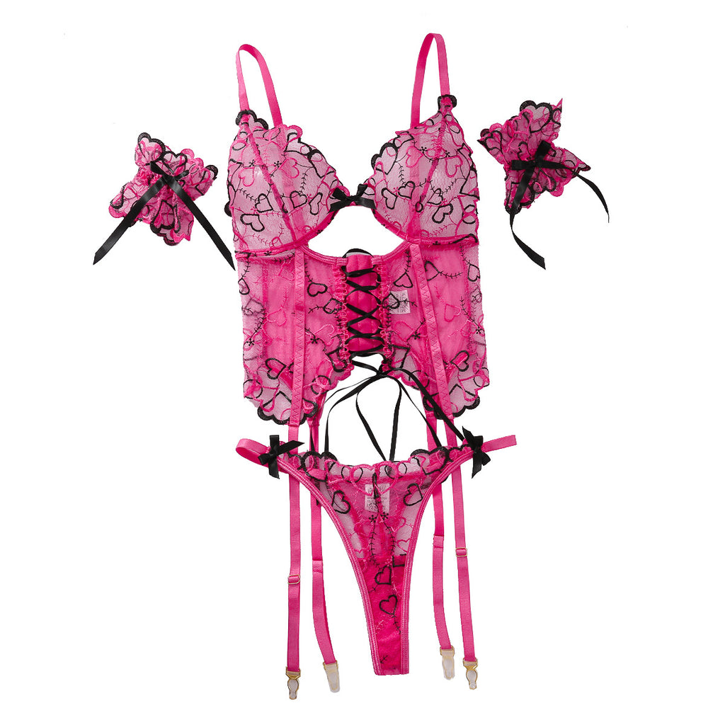 Sexy Strap Love Embroidery Sexy Underwear 3-Piece Set in pink with delicate embroidery and strap design.