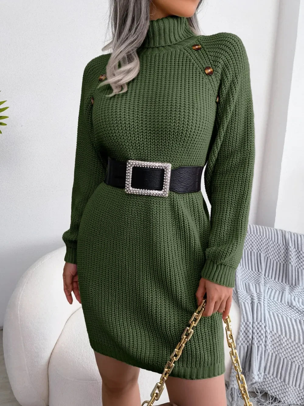 Decorative Button Turtleneck Sweater Dress - tif-shop24.de