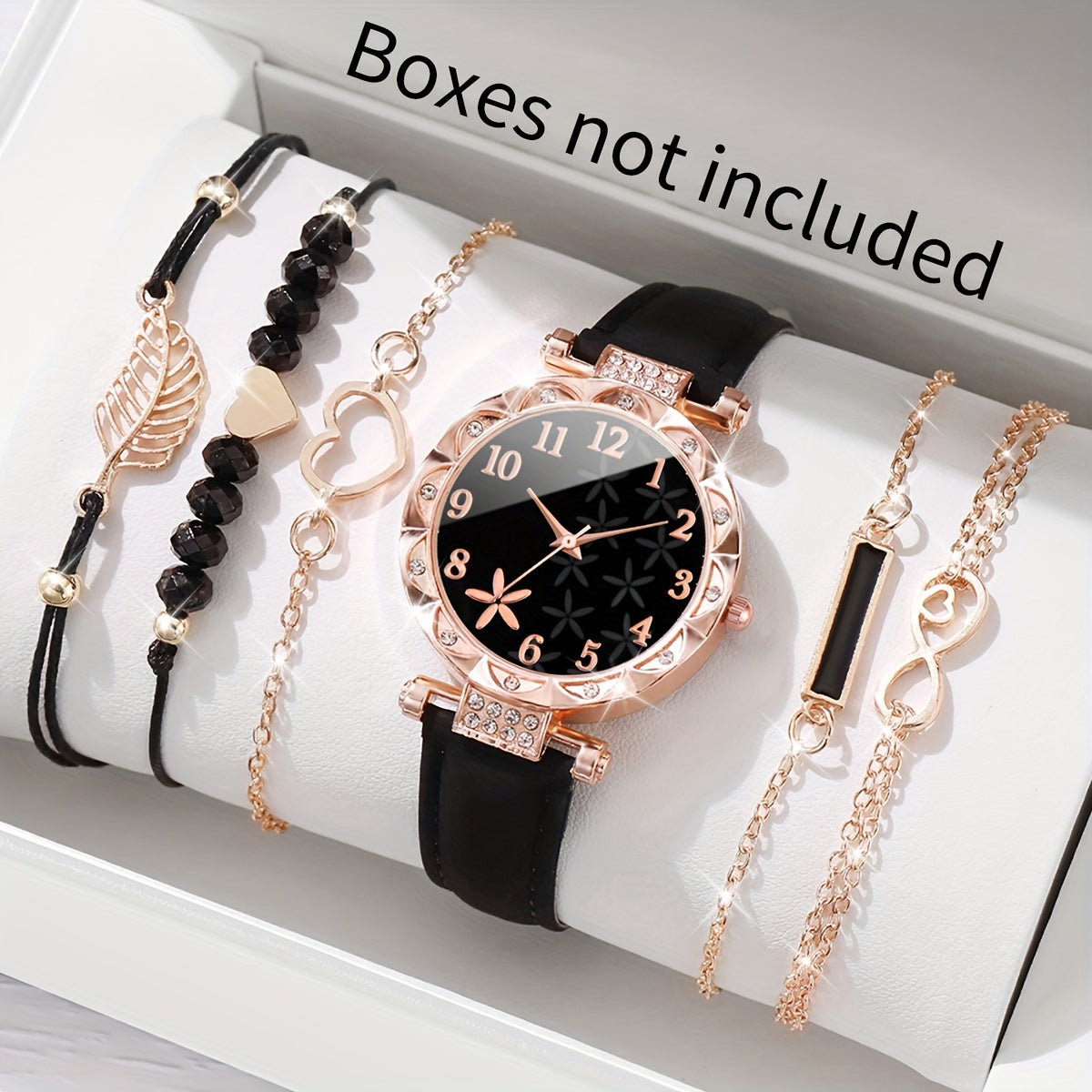 6pcs Uhr Casual Flower Quarzuhr Analog PU-Leder Armbänder Valentinstag Geschenk