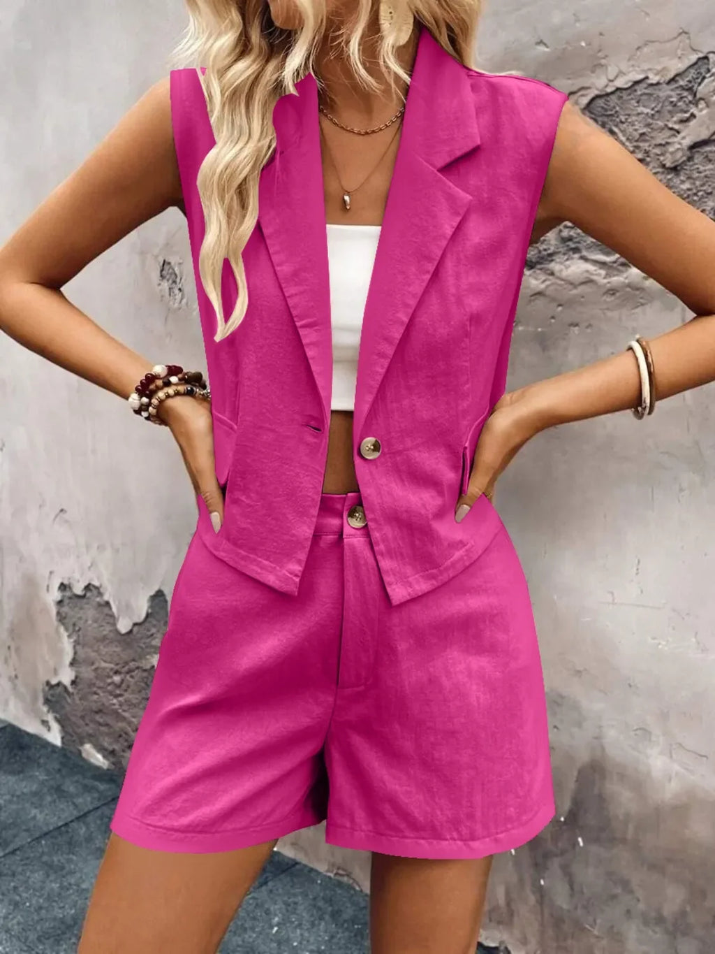 One Button Sleeveless Top and Shorts Set - tif-shop24.de