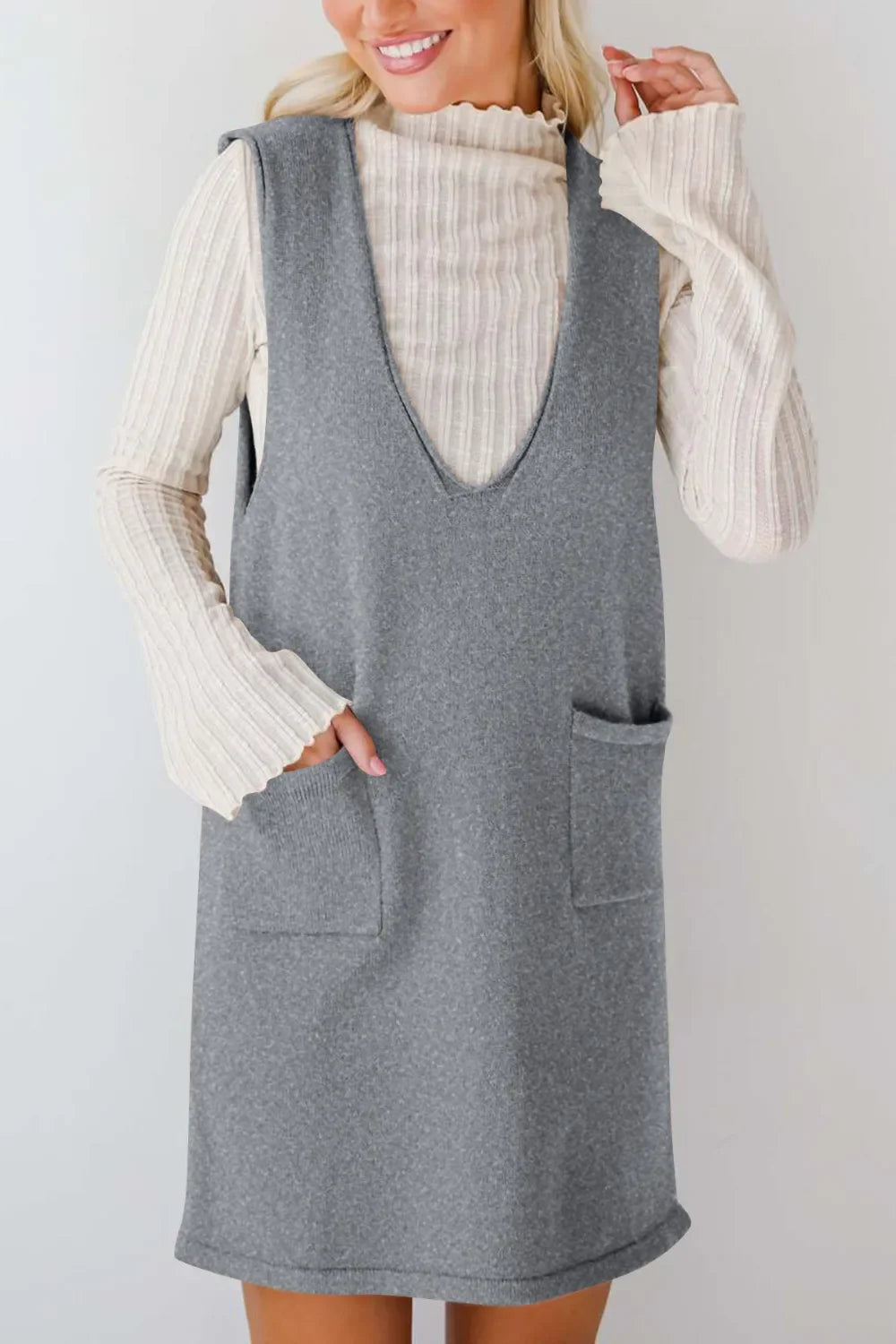 Lovelet Pocketed V-Neck Mini Sweater Overall Dress - tif-shop24.de