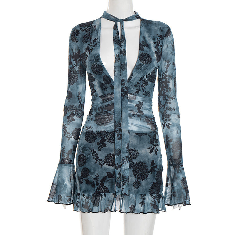Foreign Trade  Style Women's Plant Print Mesh Strappy Sleeveless Dress with Built-in Shorts