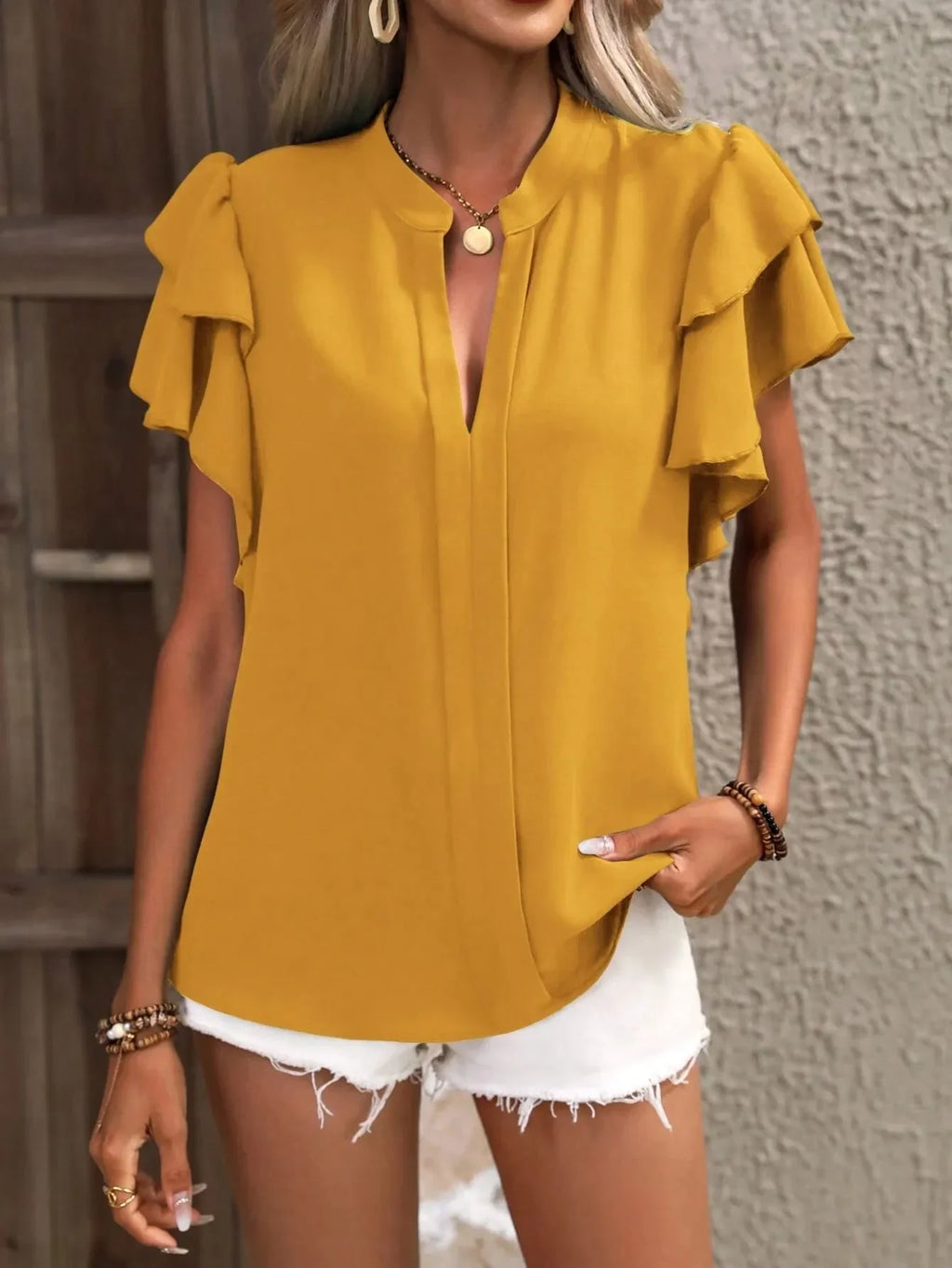 Ruffle Sleeve Notched Blouse - tif-shop24.de