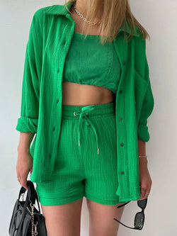 Texture Button Up Shirt and Drawstring Shorts Set - tif-shop24.de