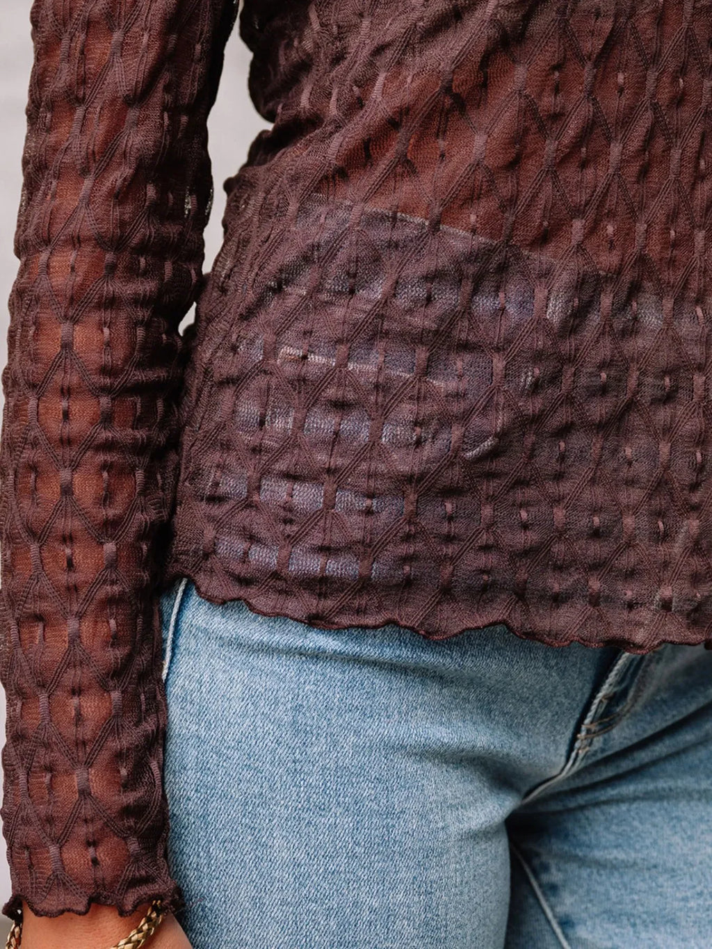 Sheer Mesh Patterned Lettuce Trim Slim Long Sleeve Top - tif-shop24.de