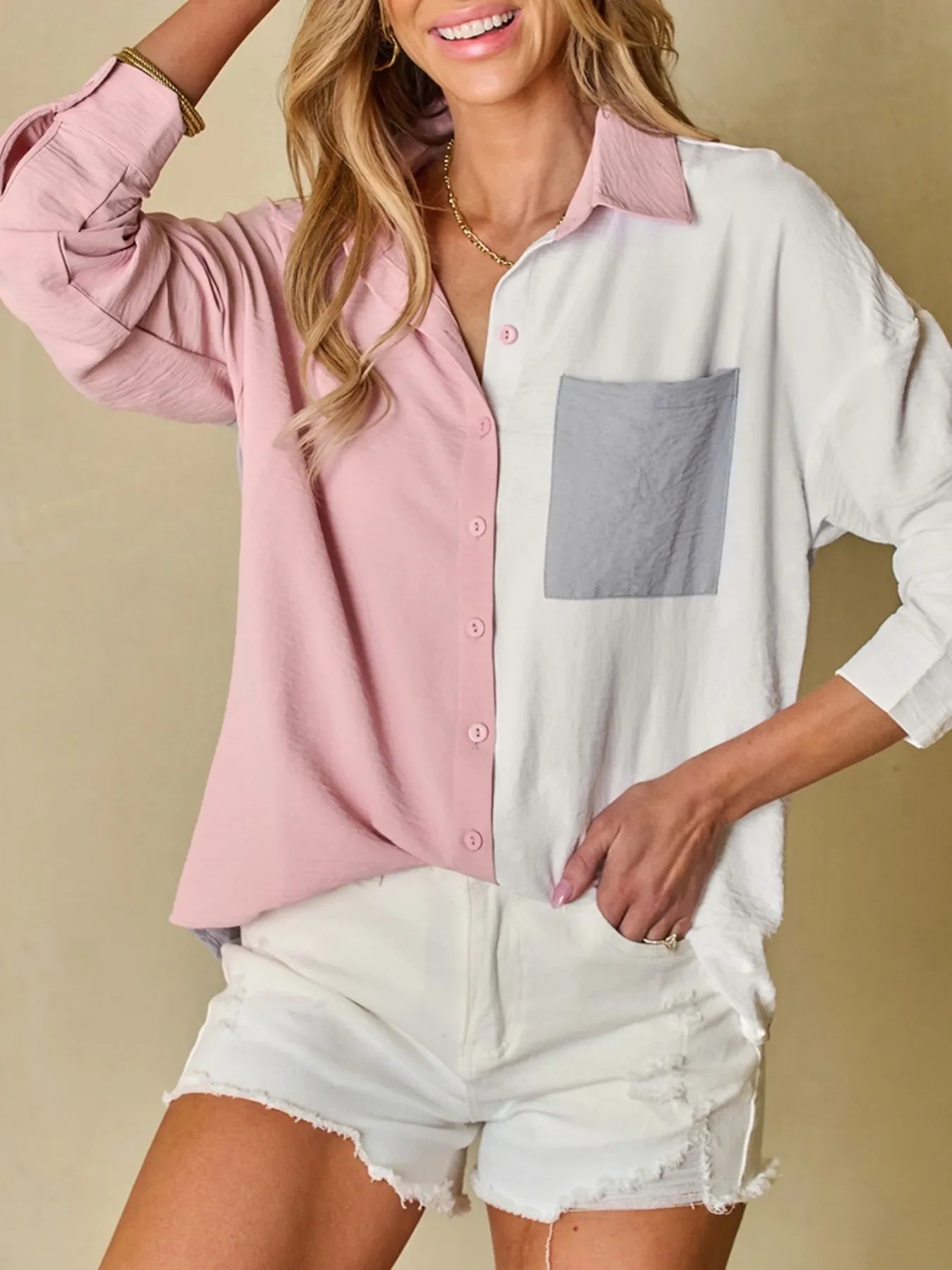 Color Block Oversized Button-Up Shirt with Chest Pocket - tif-shop24.de