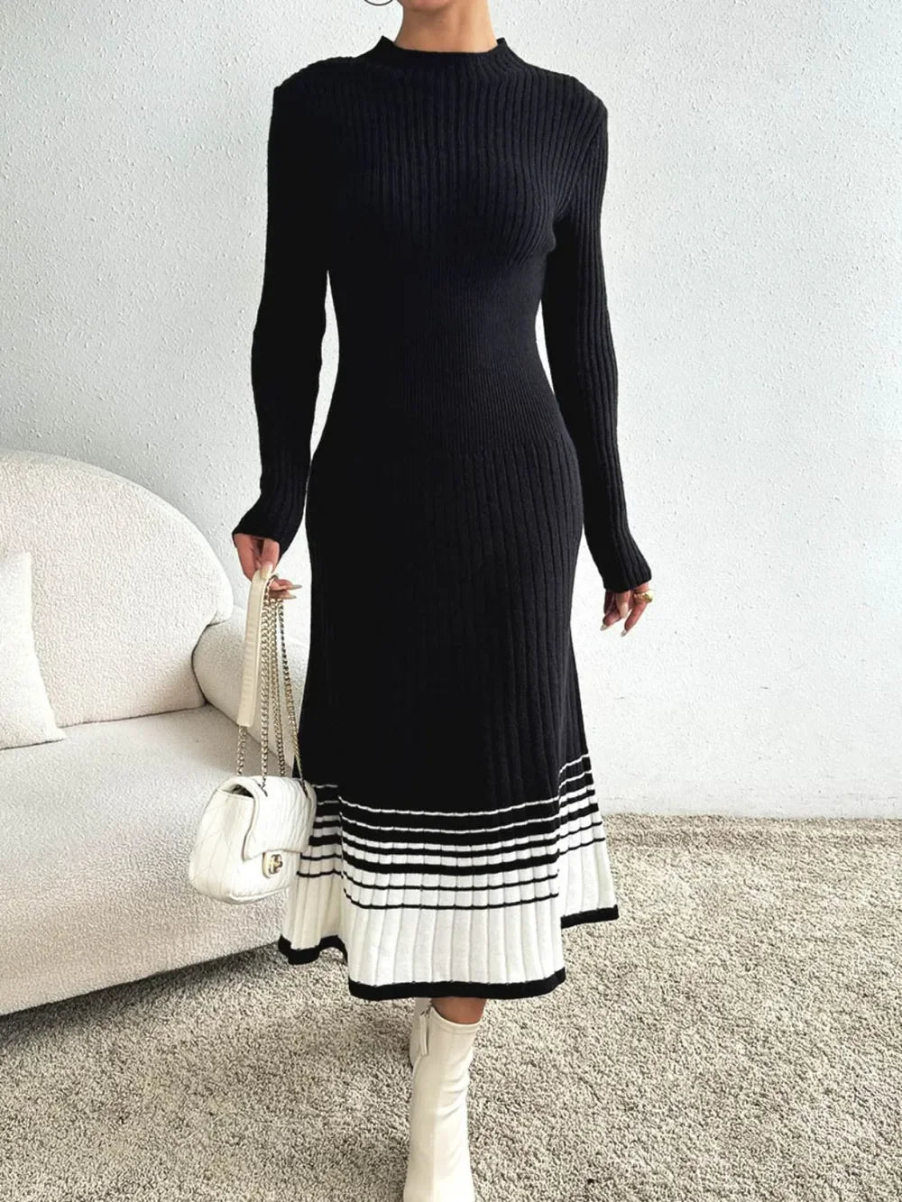 Contrast Mock Neck Long Sleeve Sweater Dress - tif-shop24.de