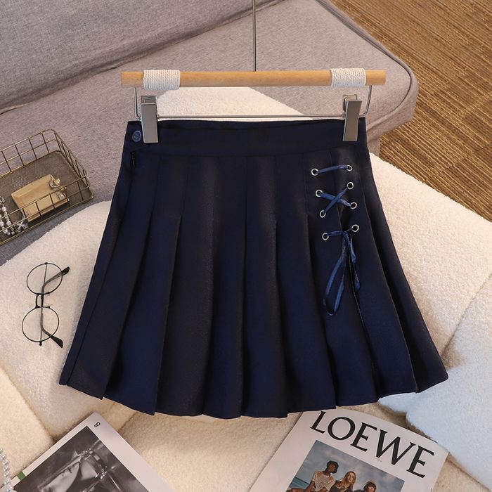 Campus Style Tie Waist Pleated Skirt, High Waist Slim Fit, Pure Color A-Line Mini Skirt, Casual Summer Sporty Look