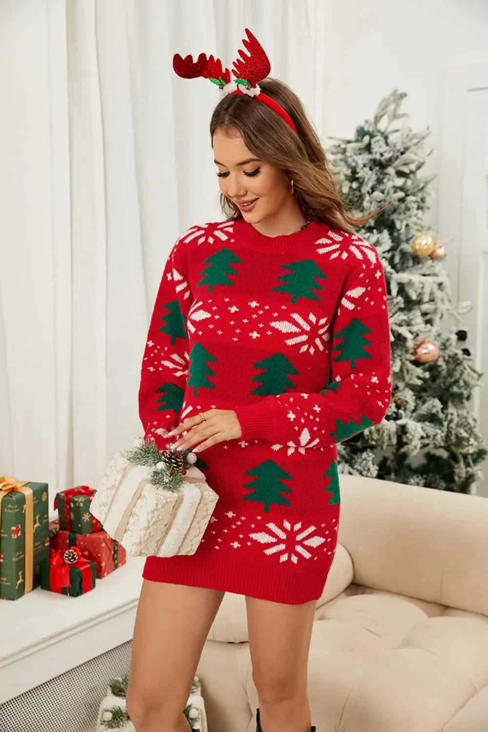 Christmas Tree Round Neck Sweater Dress - tif-shop24.de