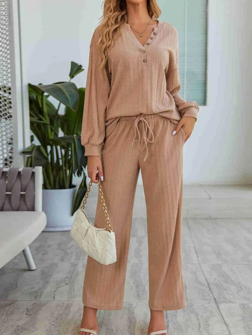 Ribbed Knit Top and Pants Lounge Set with Button Detail - tif-shop24.de