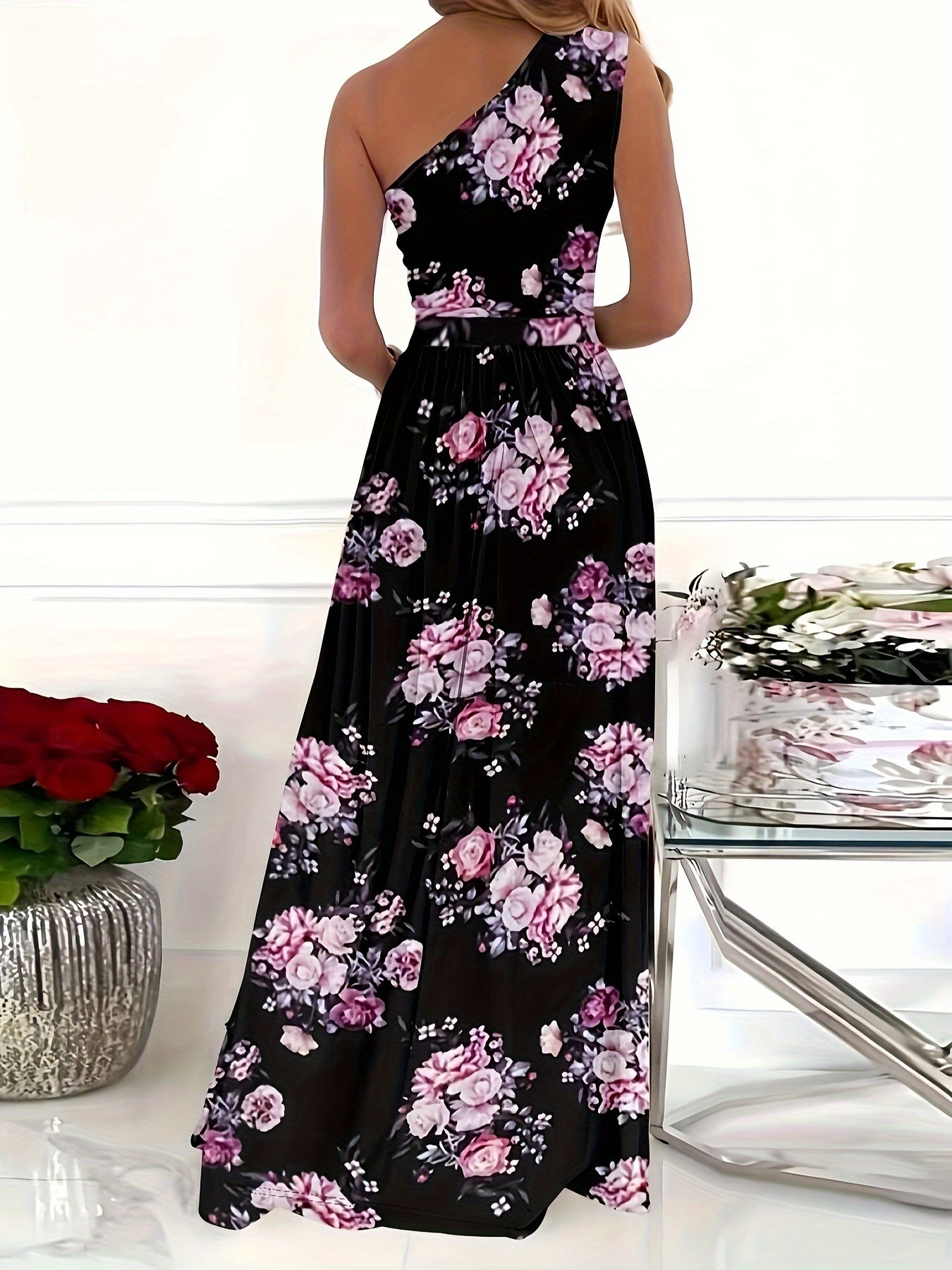 Kleid Mit Blumendruck Und Geteiltem Oberschenkel, Elegantes, Schulterfreies, Ärmelloses Strickkleid Mit Hoher Taille, Damenbekleidung