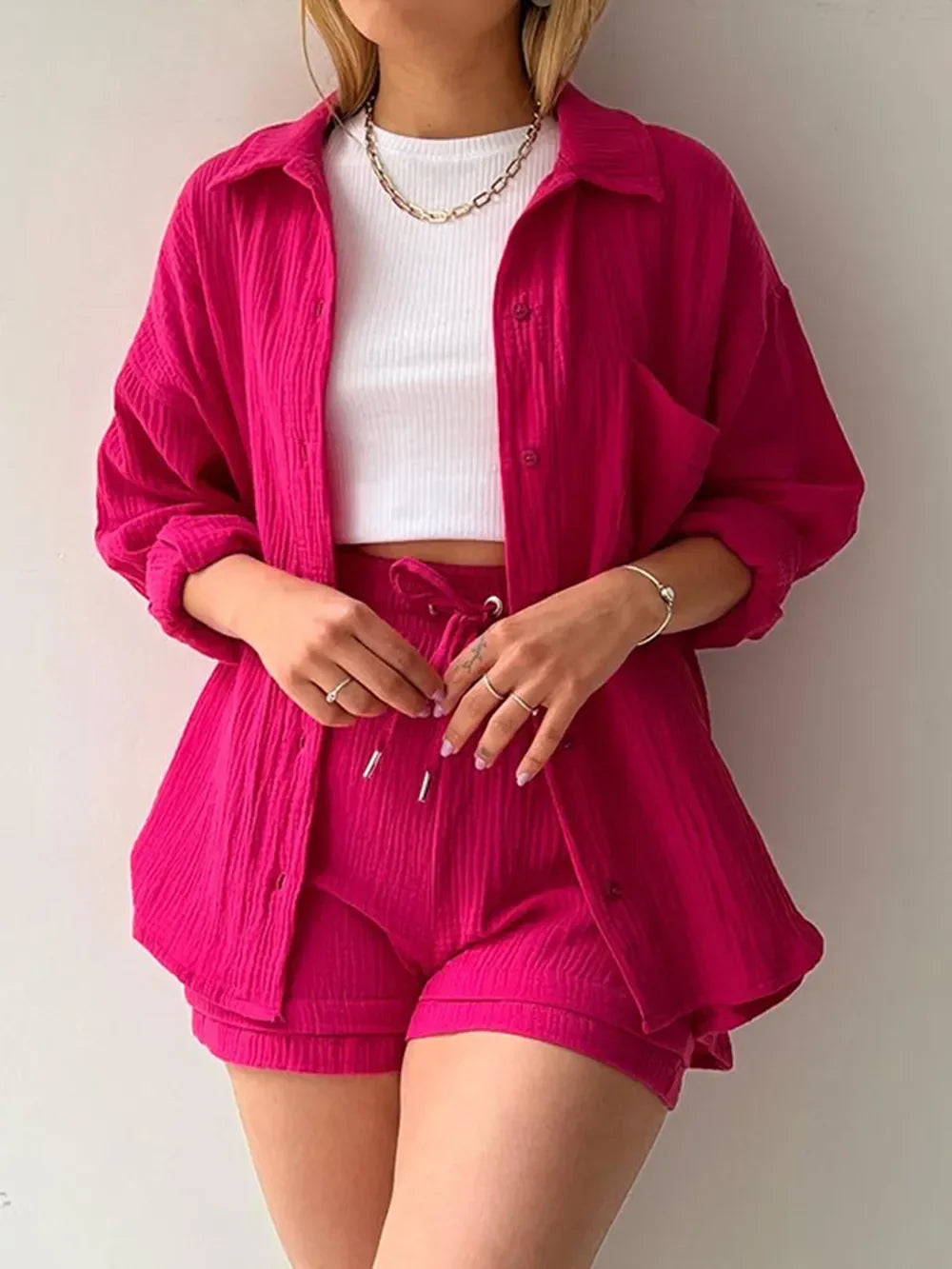 Texture Button Up Shirt and Drawstring Shorts Set - tif-shop24.de