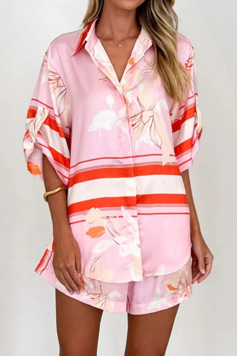 Printed Collared Neck Top and Shorts Set - tif-shop24.de