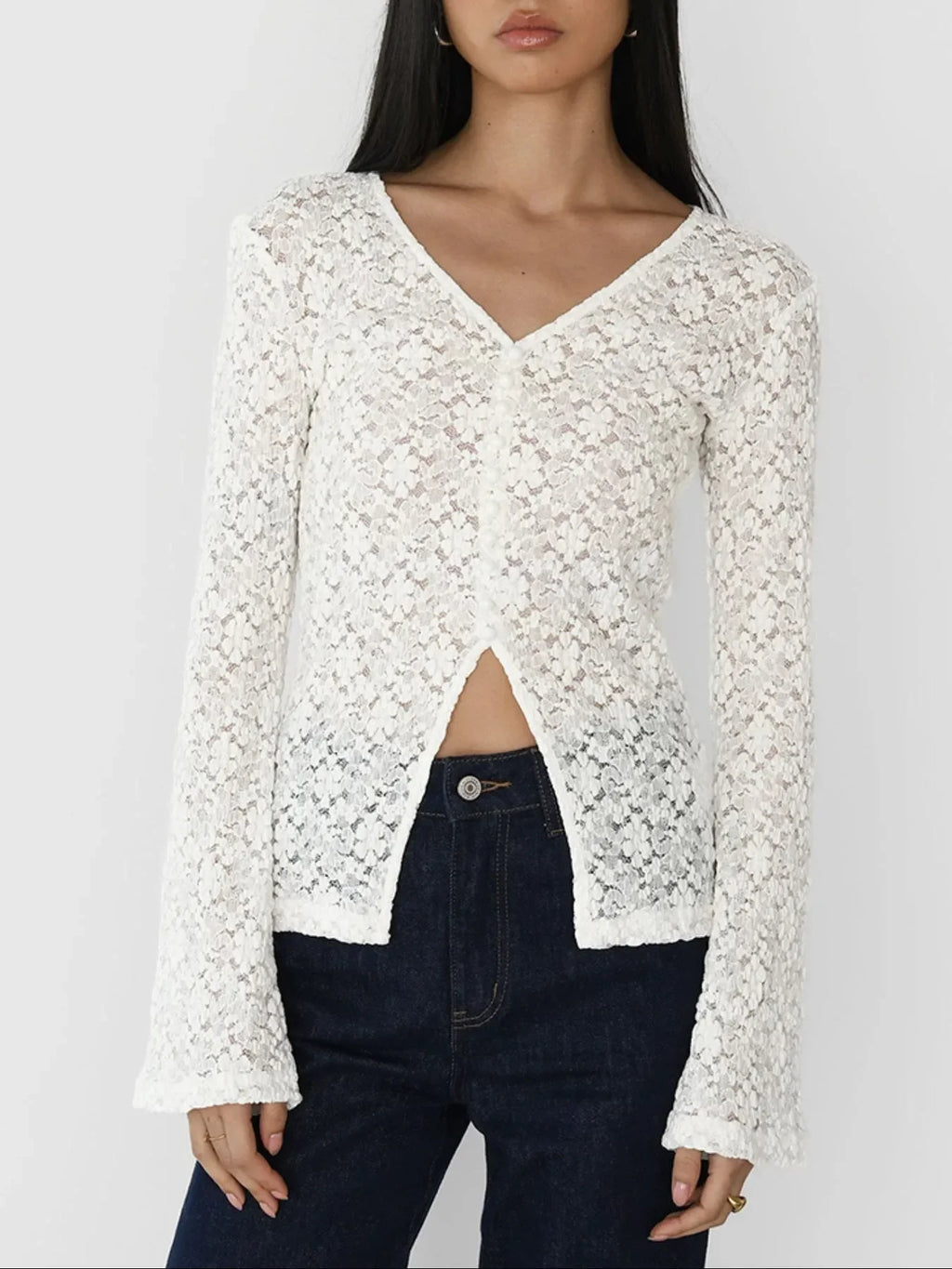 Lace V-Neck Flare Sleeve T-Shirt - tif-shop24.de