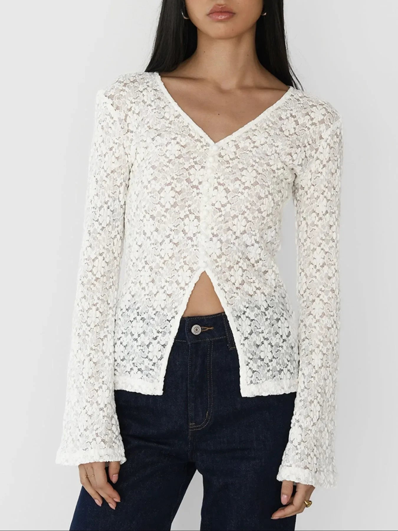 Lace V-Neck Flare Sleeve T-Shirt - tif-shop24.de