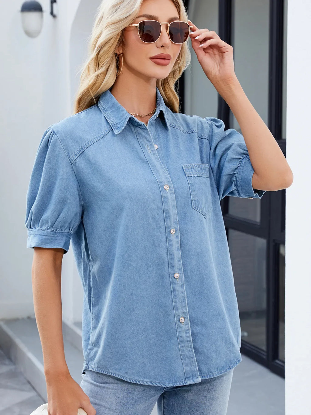 Button Up Short Sleeve Denim Shirt - tif-shop24.de