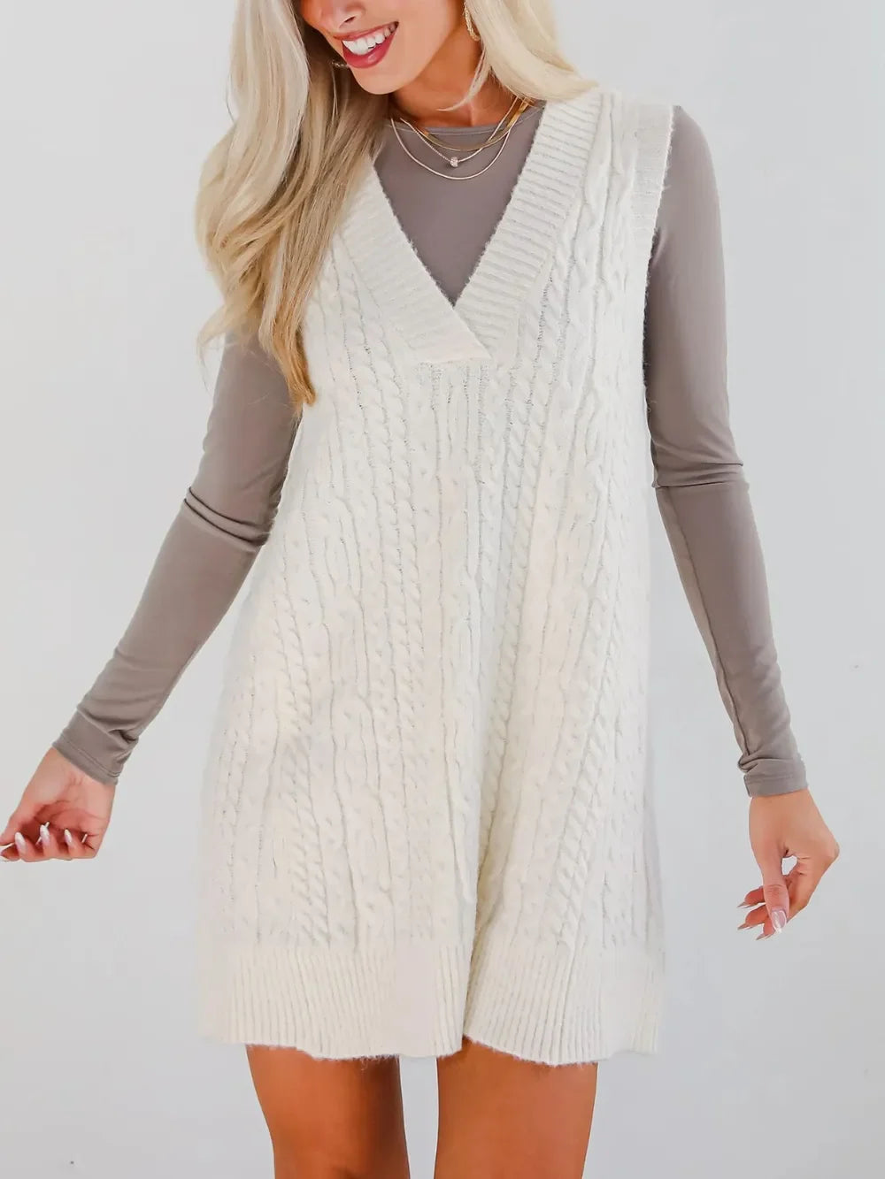 Lovelet Cable Knit V-Neck Mini Sweater Overall Dress - tif-shop24.de