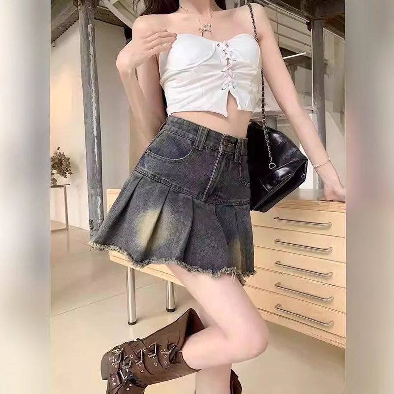 Retro Pleated Denim Skirt for Women, High-Waisted A-Line Short BodyconAnti-Slip Design