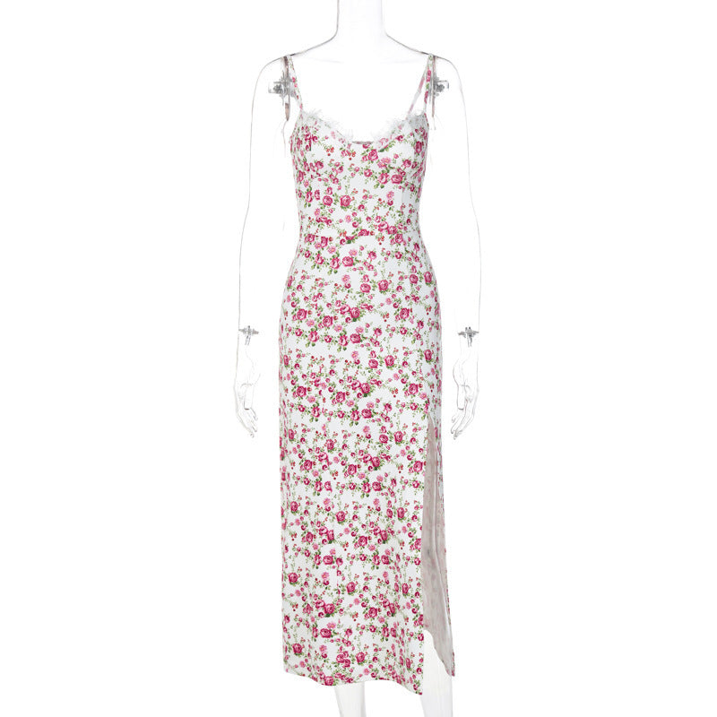 Sexy Fitted Strapless Split Lace Trim Bodice Floral Print Dress