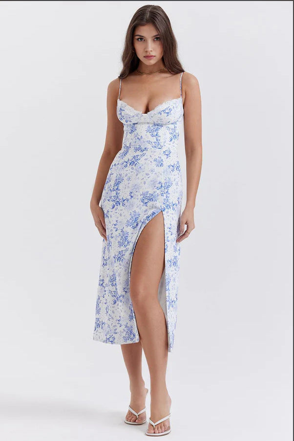 Sexy Fitted Strapless Split Lace Trim Bodice Floral Print Dress