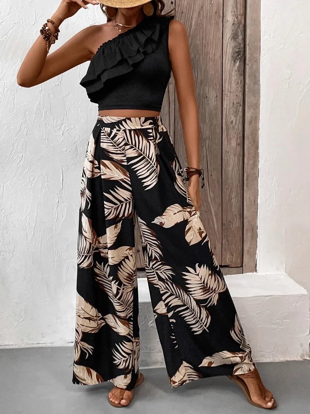 Honey Ruffled Sleeveless Top and Printed Pants Set - tif-shop24.de