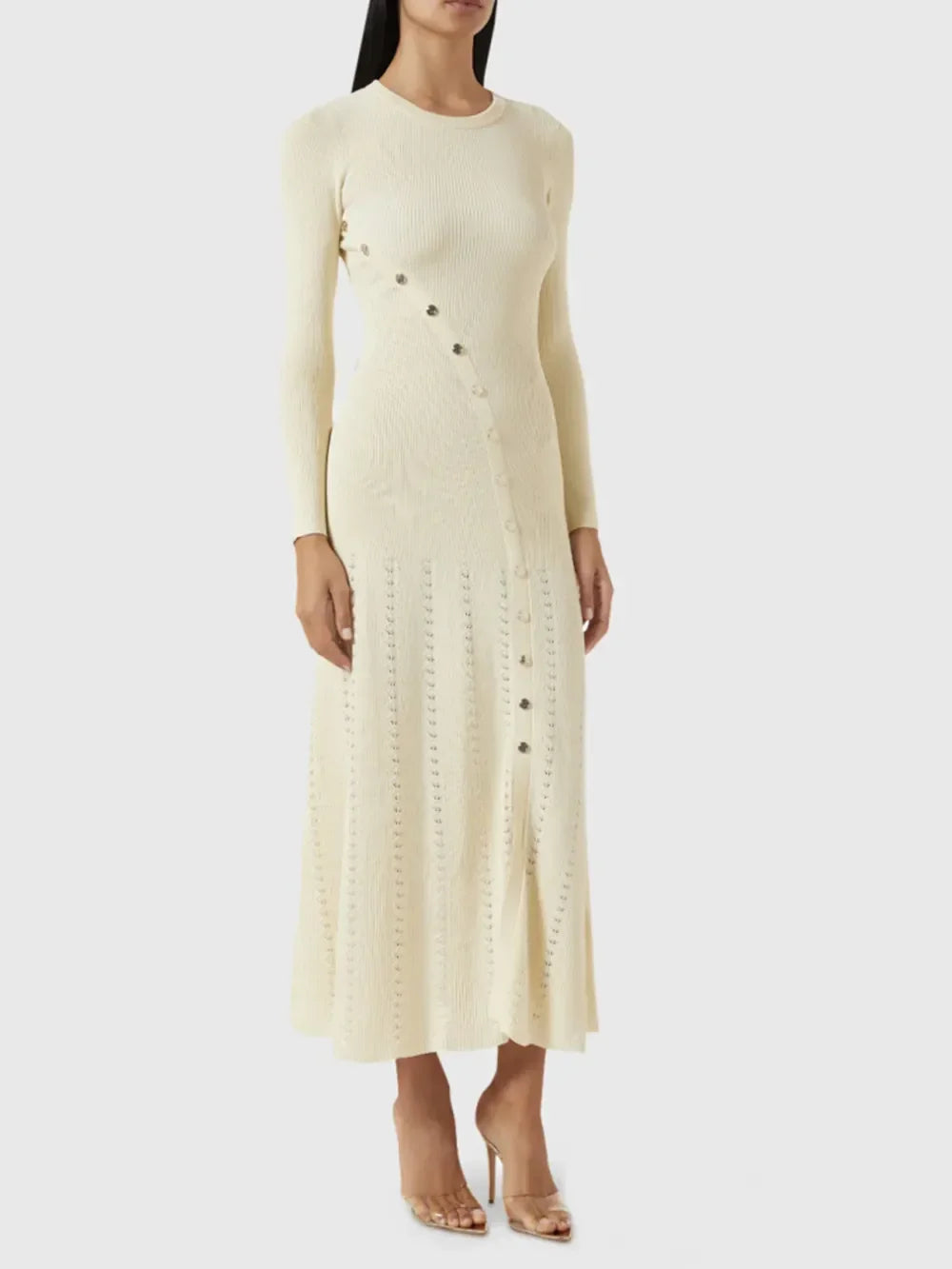 Openwork Round Neck Long Sleeve Sweater Dress - tif-shop24.de
