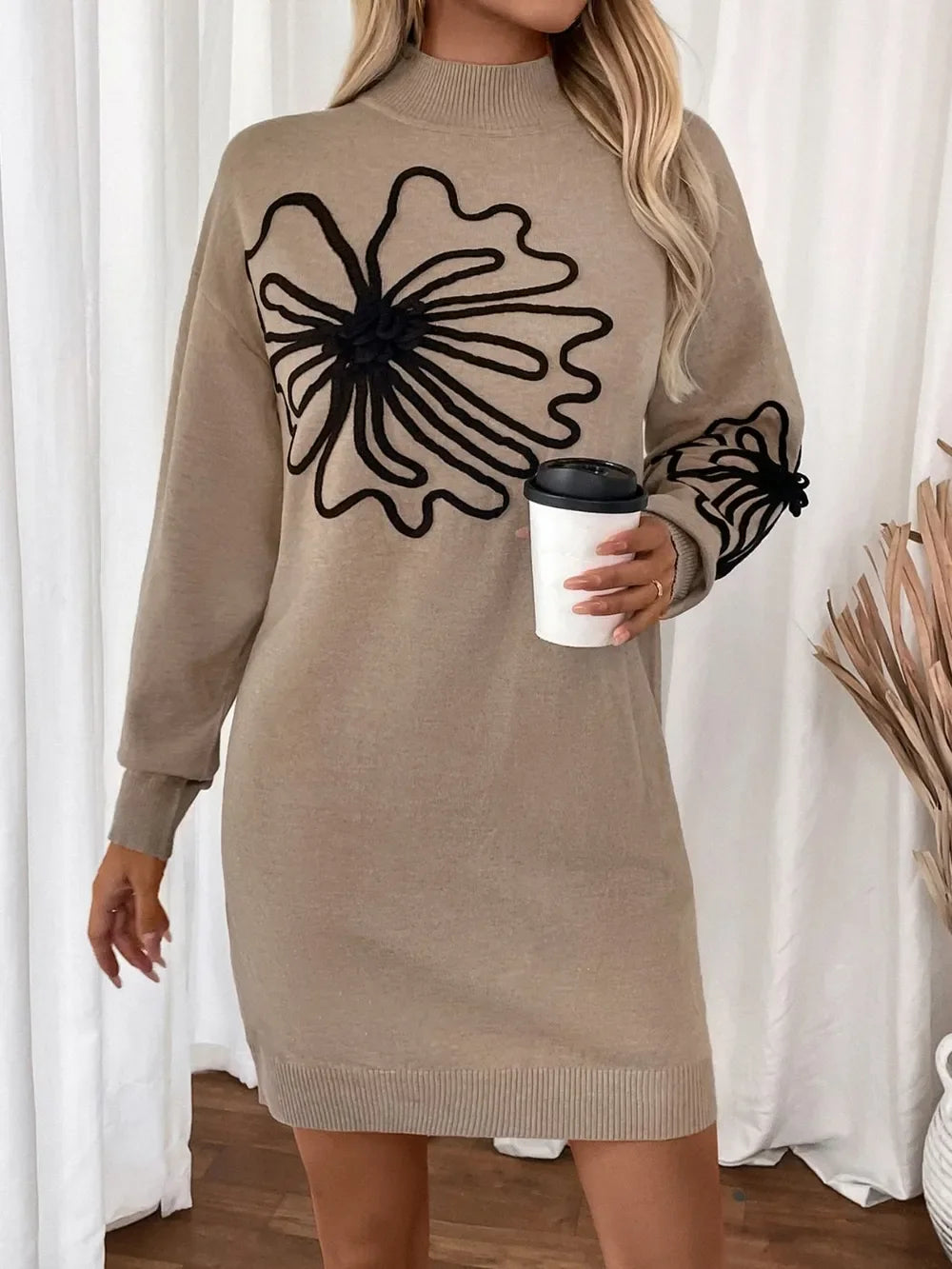 Perfee Flower Mock Neck Long Sleeve Sweater Dress - tif-shop24.de