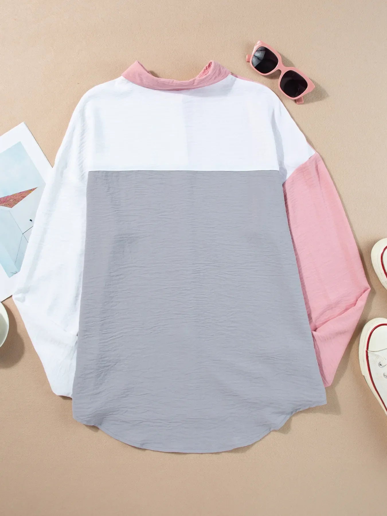 Color Block Oversized Button-Up Shirt with Chest Pocket - tif-shop24.de