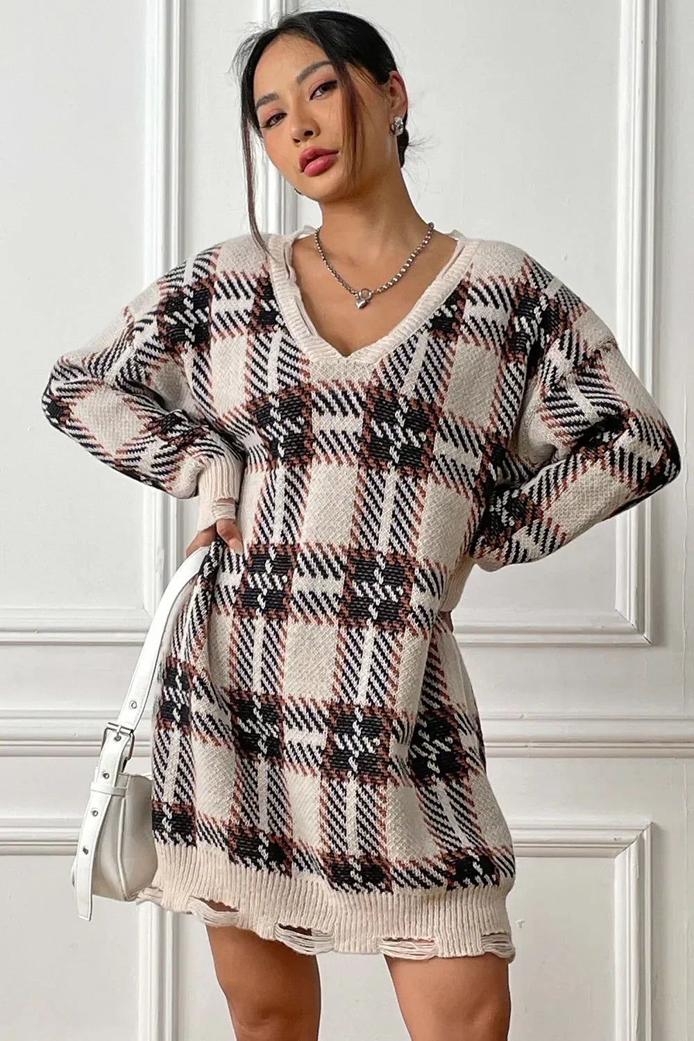 Plaid V-Neck Long Sleeve Sweater Dress - tif-shop24.de