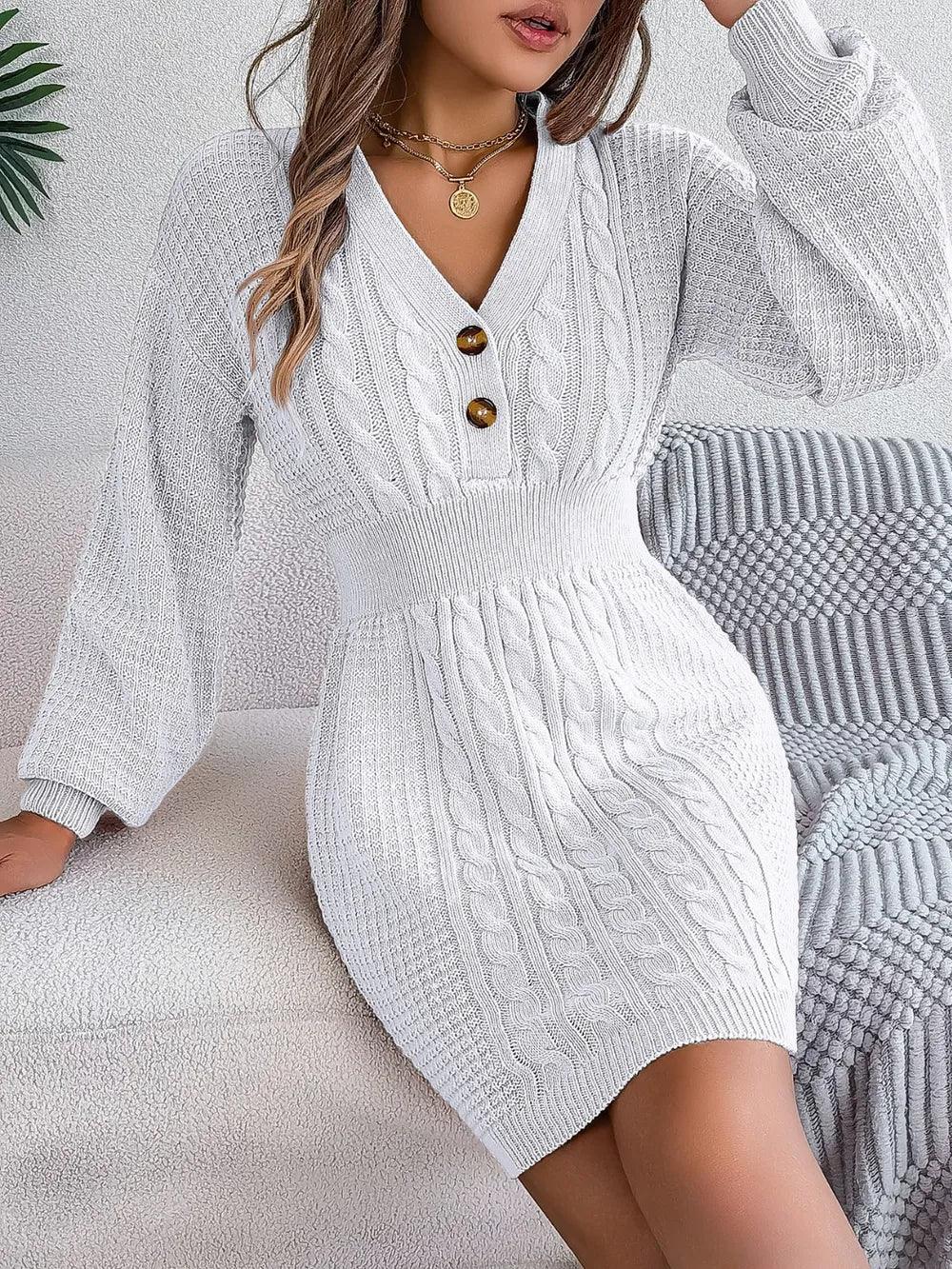 Buttoned Cable-Knit V-Neck Sweater Dress - tif-shop24.de