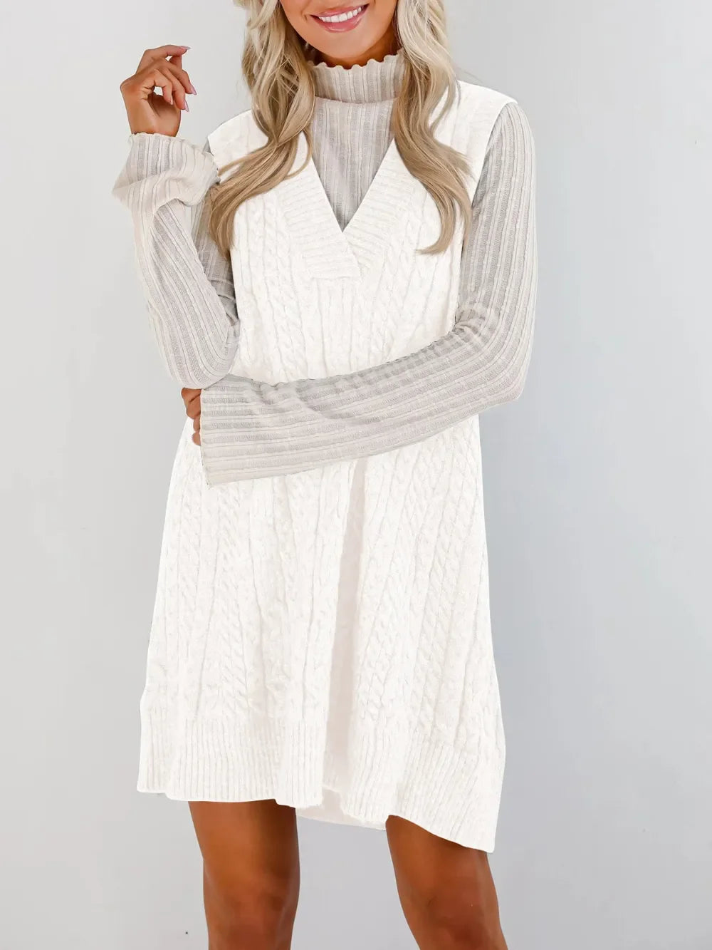 Lovelet Cable Knit V-Neck Mini Sweater Overall Dress - tif-shop24.de
