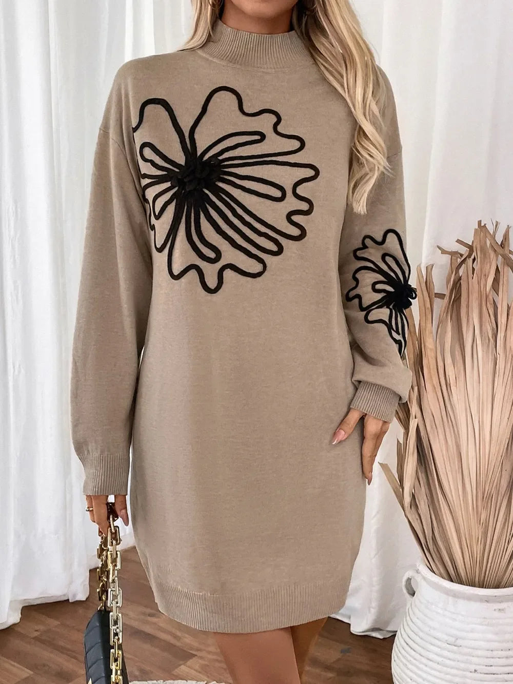 Perfee Flower Mock Neck Long Sleeve Sweater Dress - tif-shop24.de