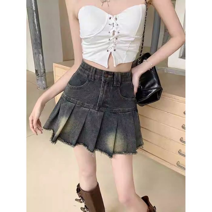Retro Pleated Denim Skirt for Women, High-Waisted A-Line Short BodyconAnti-Slip Design