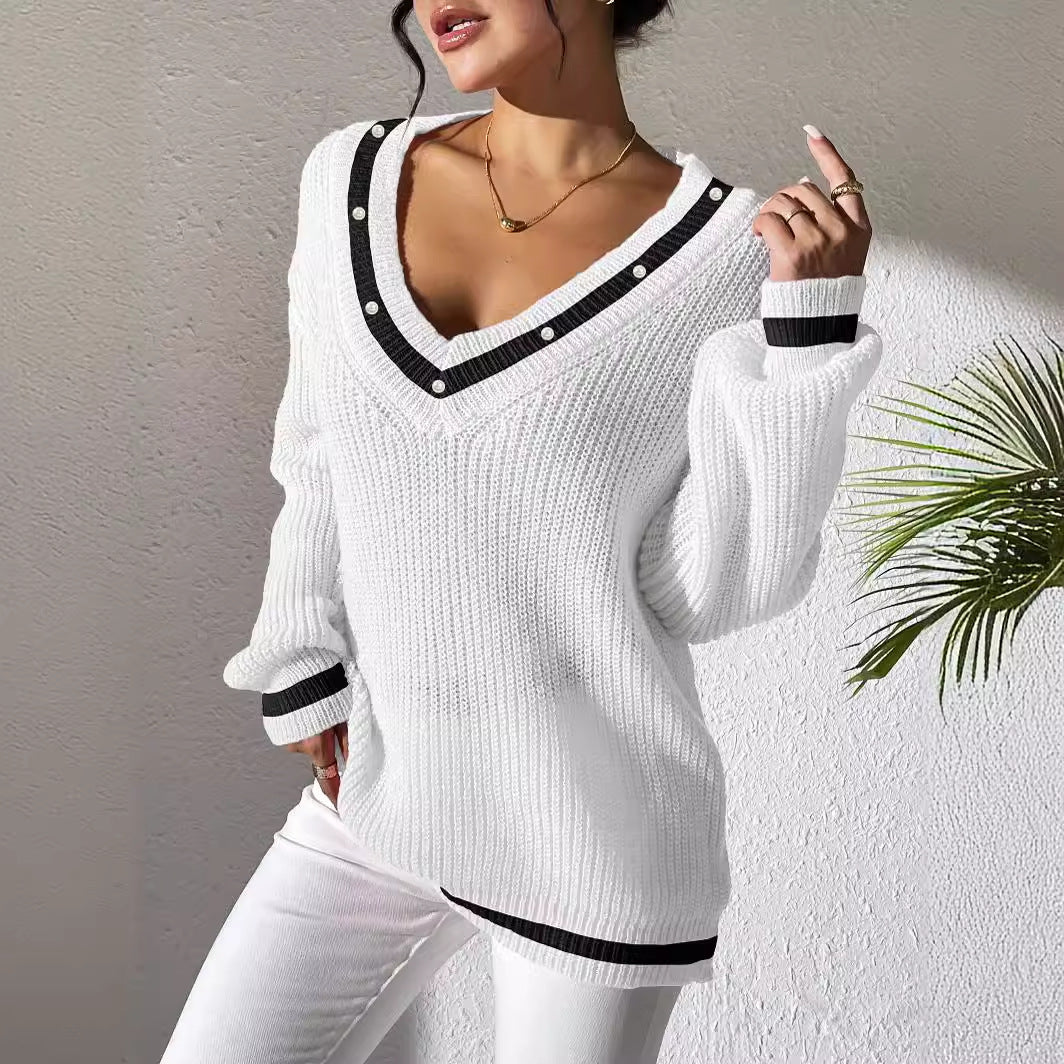 Women's Top Color-block Spliced V-neck Long Sleeve Knit Sweater Beaded Casual Layering Shirt