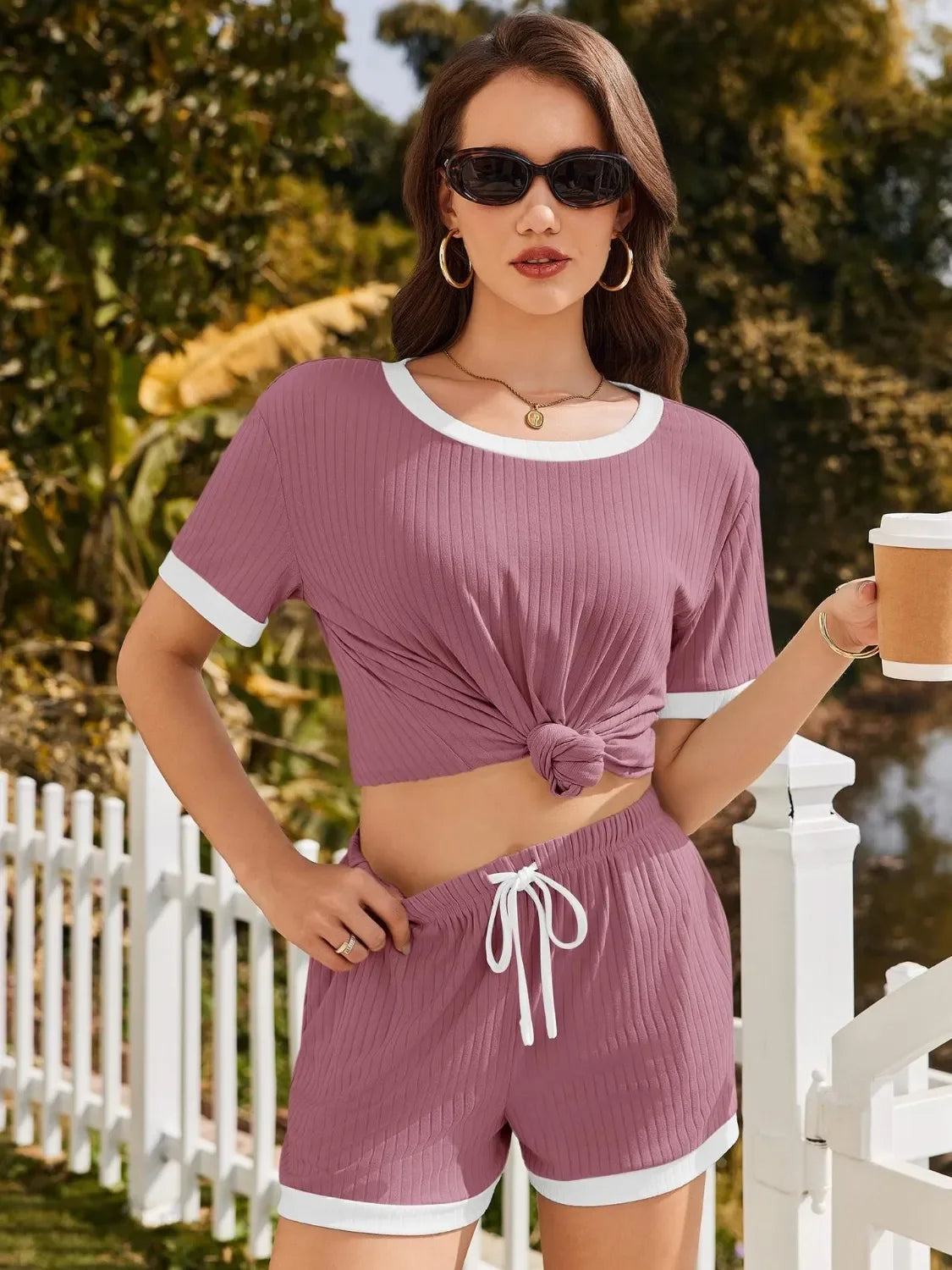 Ribbed Short Sleeve Top and Shorts Set - tif-shop24.de