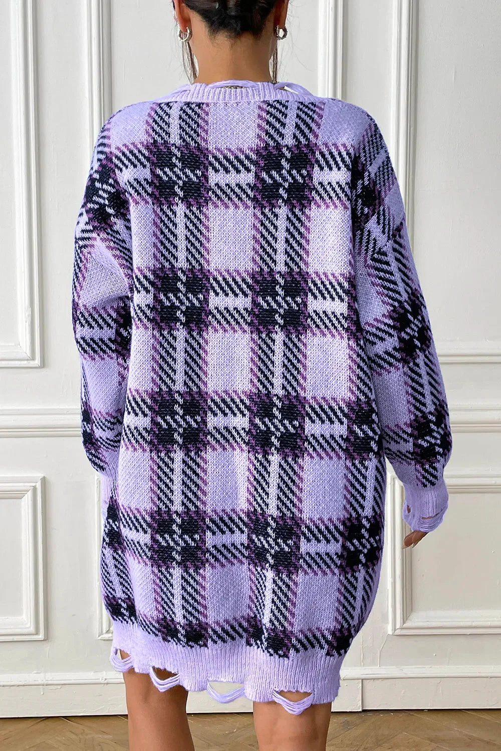 Plaid V-Neck Long Sleeve Sweater Dress - tif-shop24.de