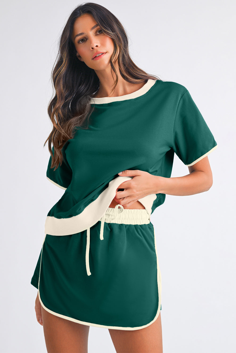 Evergreen Colorblock Edge Drop Shoulder T Shirt and Skort 2Pcs Set