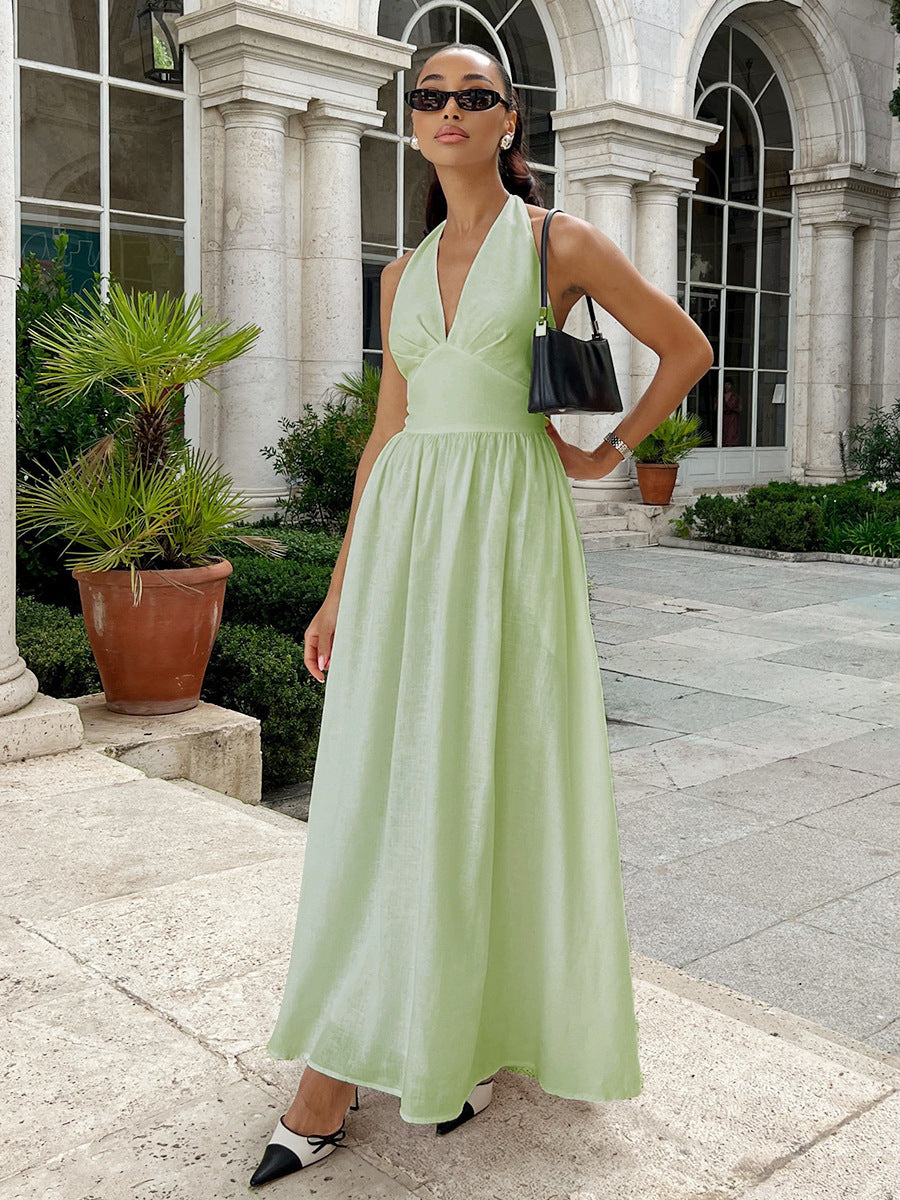 Chic Deep V-Neck Bodice Tie-Back Backless Long Dress for Women