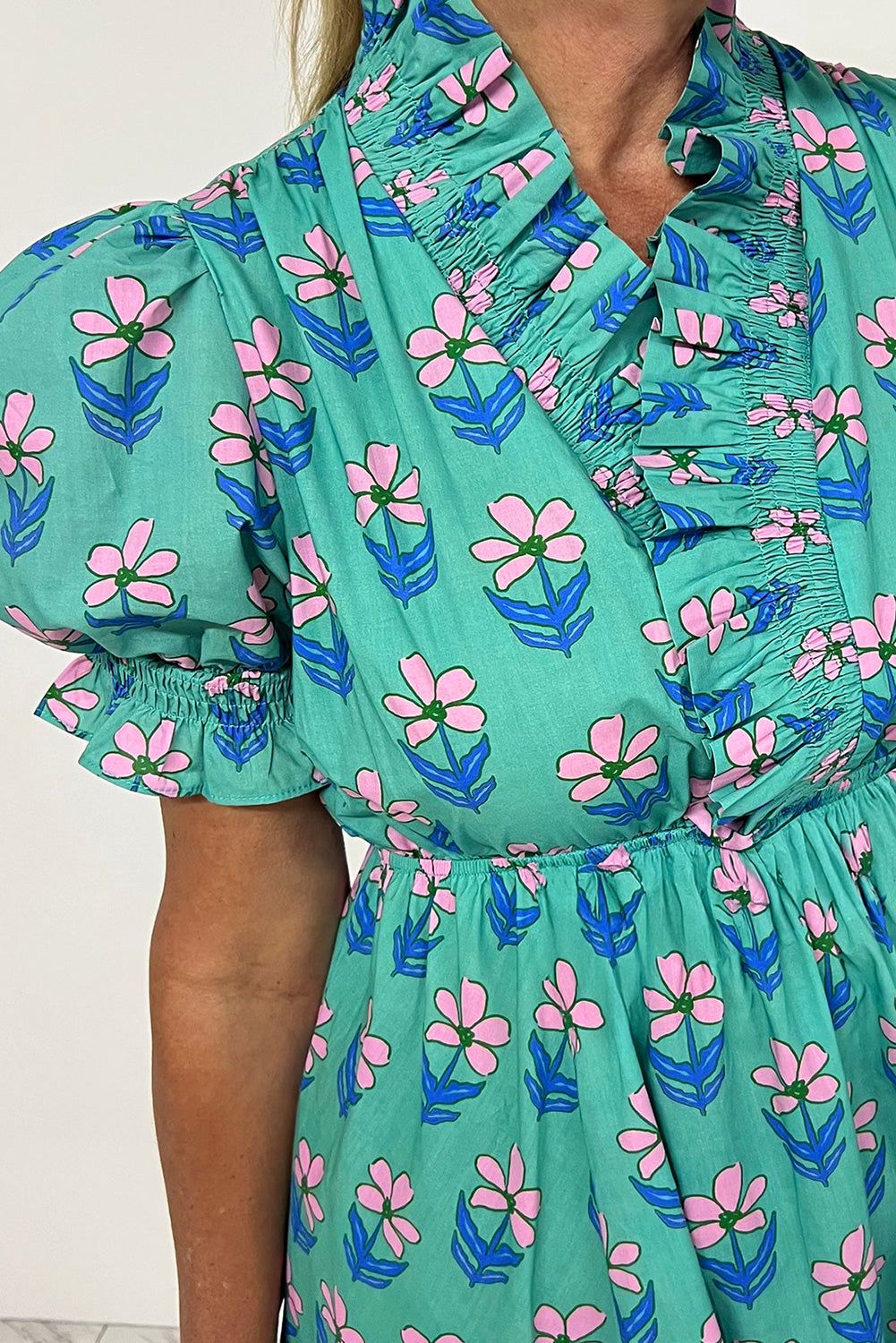 Green Floral Print Frilly Smocked High Waist Mini Dress